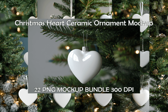 Christmas Heart Ceramic Ornament Mockup Bundle for Product Mockups and Graphics